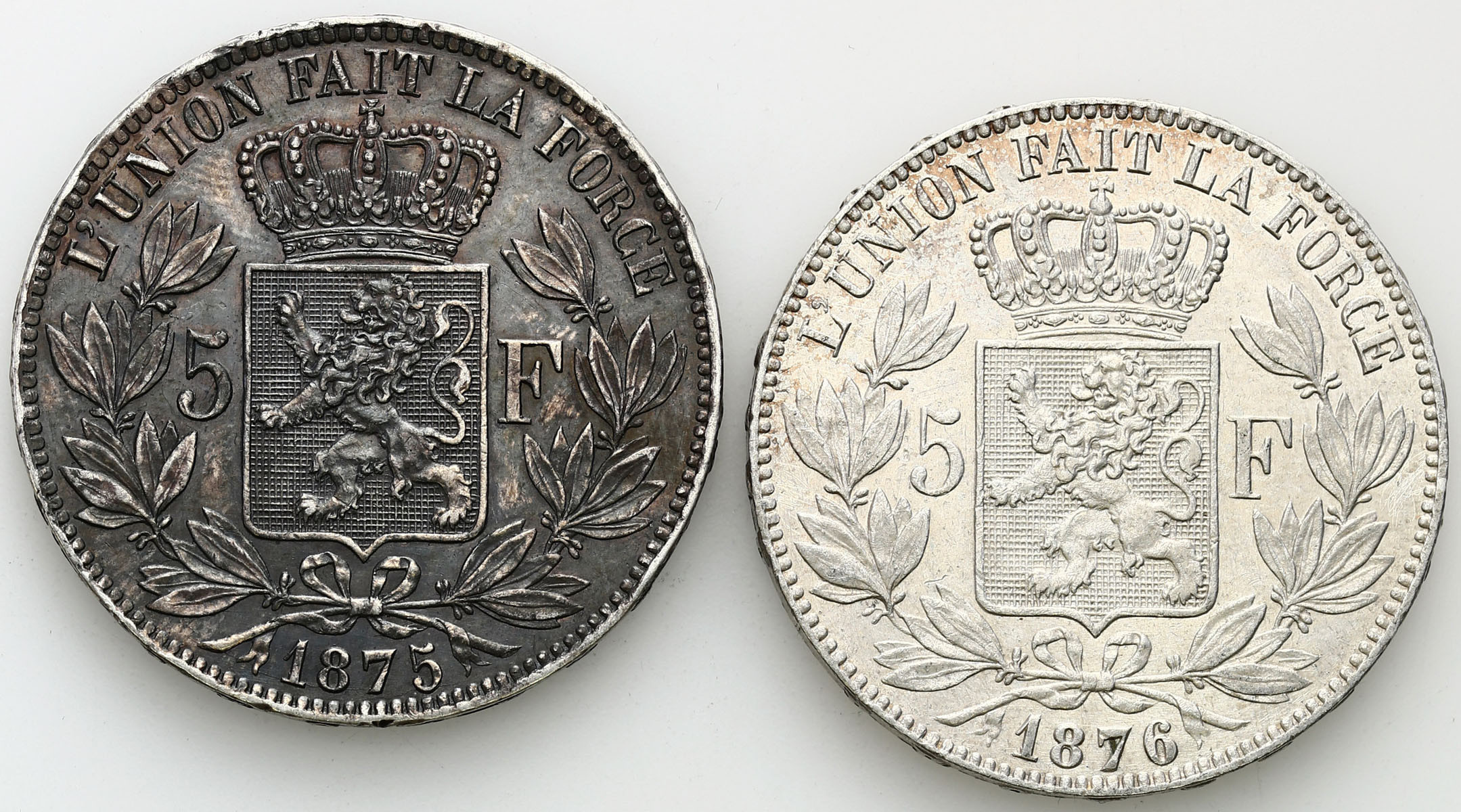 Belgia 5 franków 1875 i 1876 Leopold II – zestaw 2 sztuk
